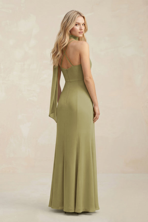 Cowl Neck Sheath Chiffon Maxi Bridesmaid Dress With Ribbon in Moss Green (2) | KISSBRIDAL