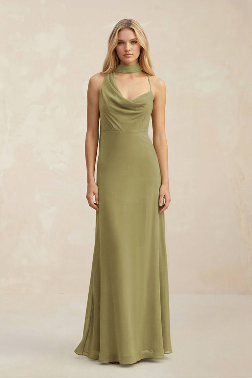 Cowl Neck Sheath Chiffon Maxi Bridesmaid Dress With Ribbon in Moss Green | KISSBRIDAL