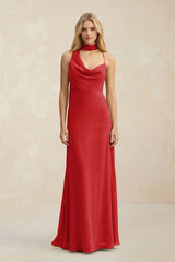 Cowl Neck Sheath Chiffon Maxi Bridesmaid Dress With Ribbon in Ruby Red - KISS BRIDAL Bridesmaid Dresses