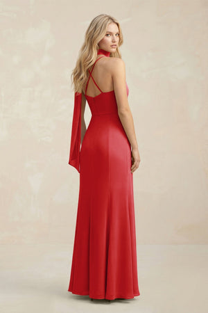 Cowl Neck Sheath Chiffon Maxi Bridesmaid Dress With Ribbon in Ruby Red - KISS BRIDAL Bridesmaid Dresses
