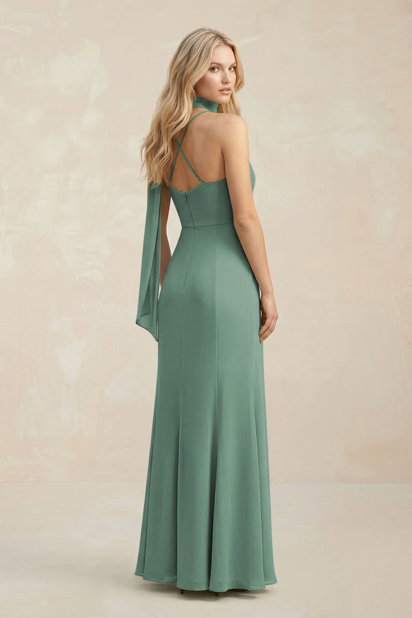 Cowl Neck Sheath Chiffon Maxi Bridesmaid Dress With Ribbon in Sea Glass (2) | KISSBRIDAL