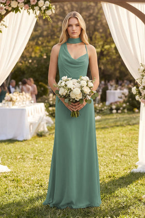 Cowl Neck Sheath Chiffon Maxi Bridesmaid Dress With Ribbon in Sea Glass (4) | KISSBRIDAL