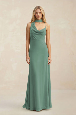 Cowl Neck Sheath Chiffon Maxi Bridesmaid Dress With Ribbon in Sea Glass | KISSBRIDAL
