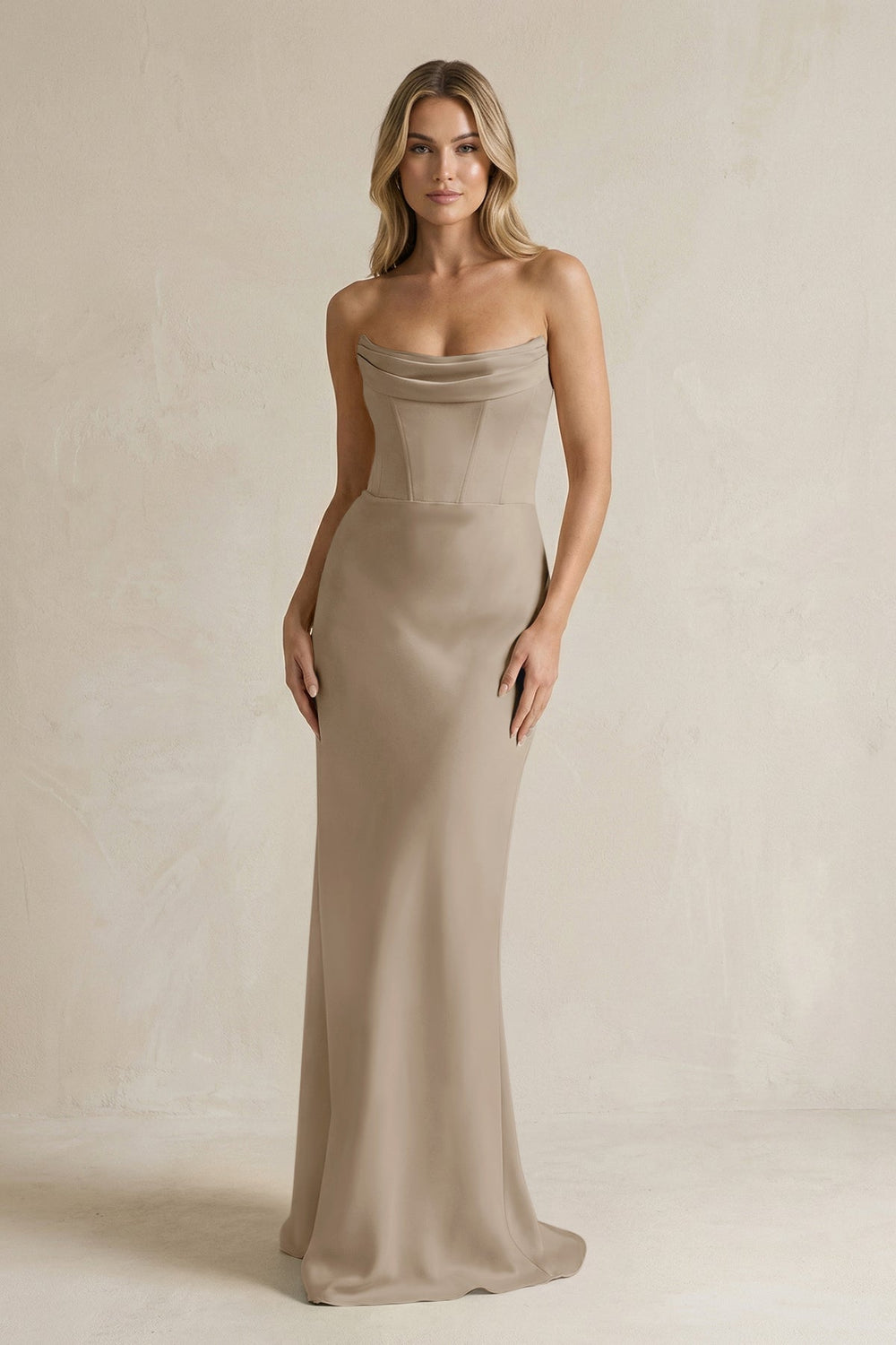Cowl Neck Sheath Corset Bridesmaid Dress in Almond