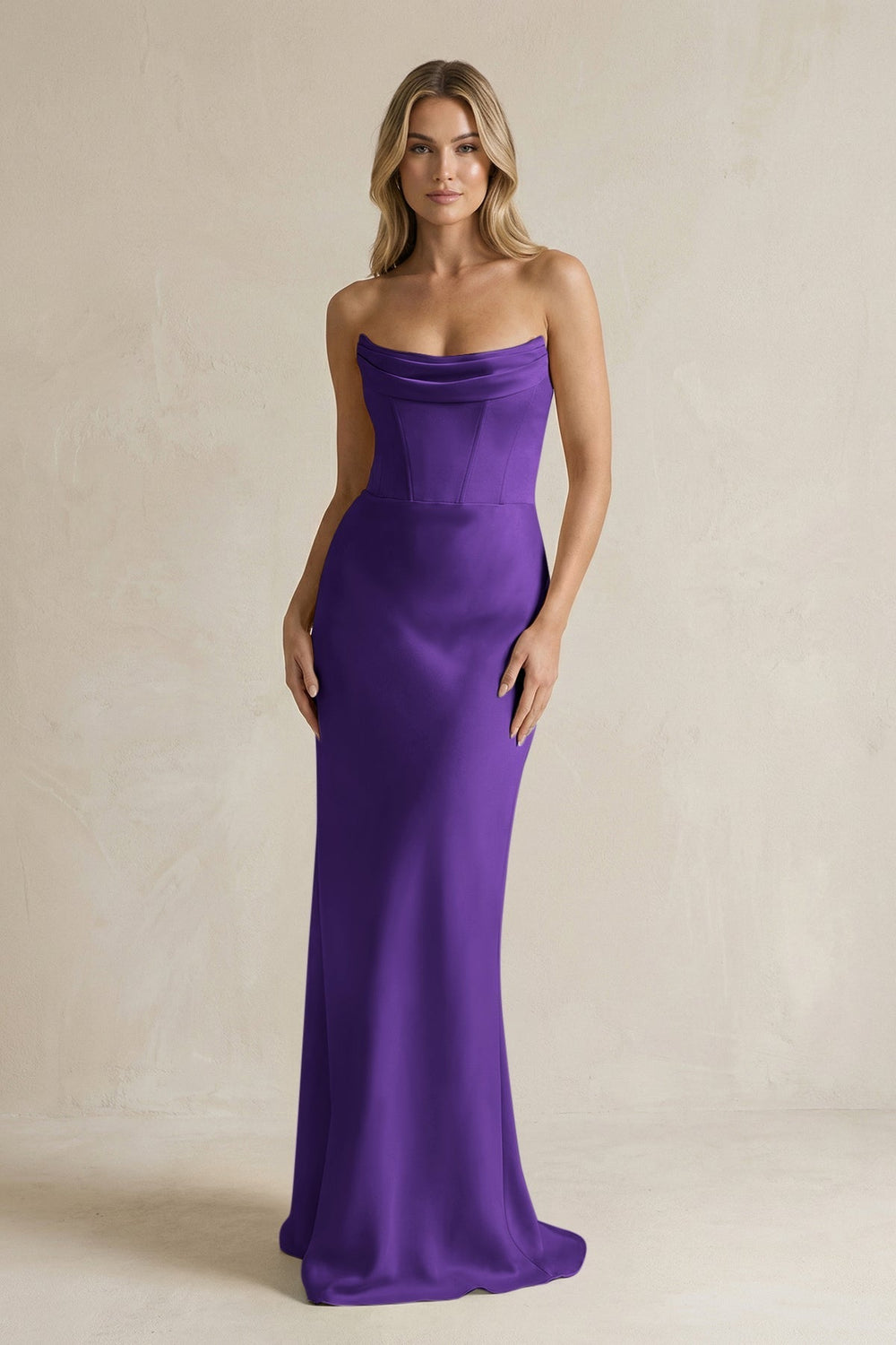 Cowl Neck Sheath Corset Bridesmaid Dress in Amethyst