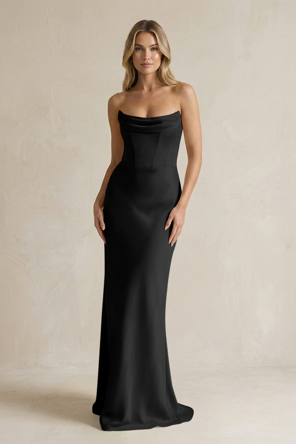 Cowl Neck Sheath Corset Bridesmaid Dress in Black