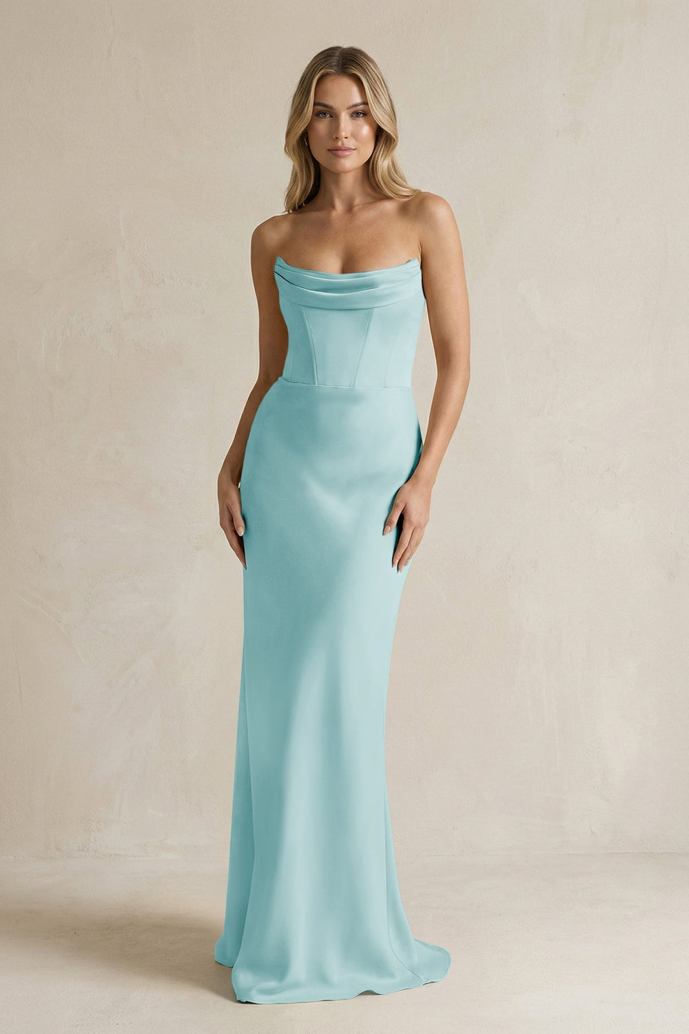 Cowl Neck Sheath Corset Bridesmaid Dress in Bleached Aqua