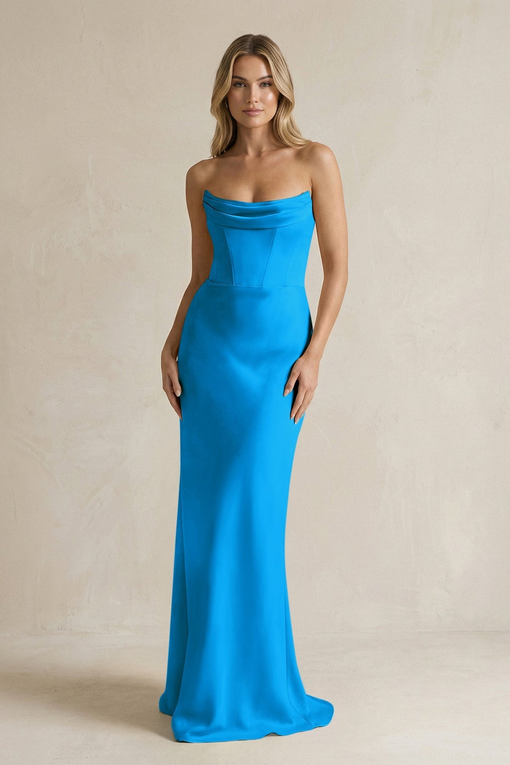 Cowl Neck Sheath Corset Bridesmaid Dress in Blue Jay
