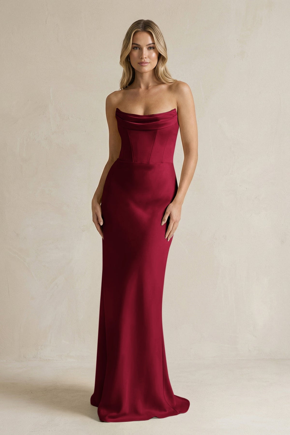 Cowl Neck Sheath Corset Bridesmaid Dress in Burgundy