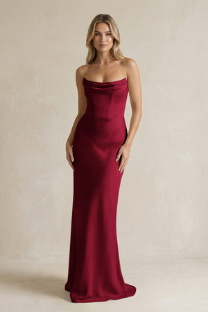 Cowl Neck Sheath Corset Bridesmaid Dress in Burgundy - KISS BRIDAL Bridesmaid Dresses