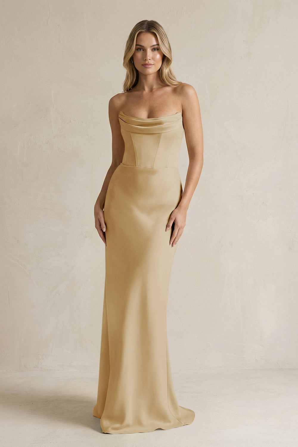 Cowl Neck Sheath Corset Bridesmaid Dress in Champagne