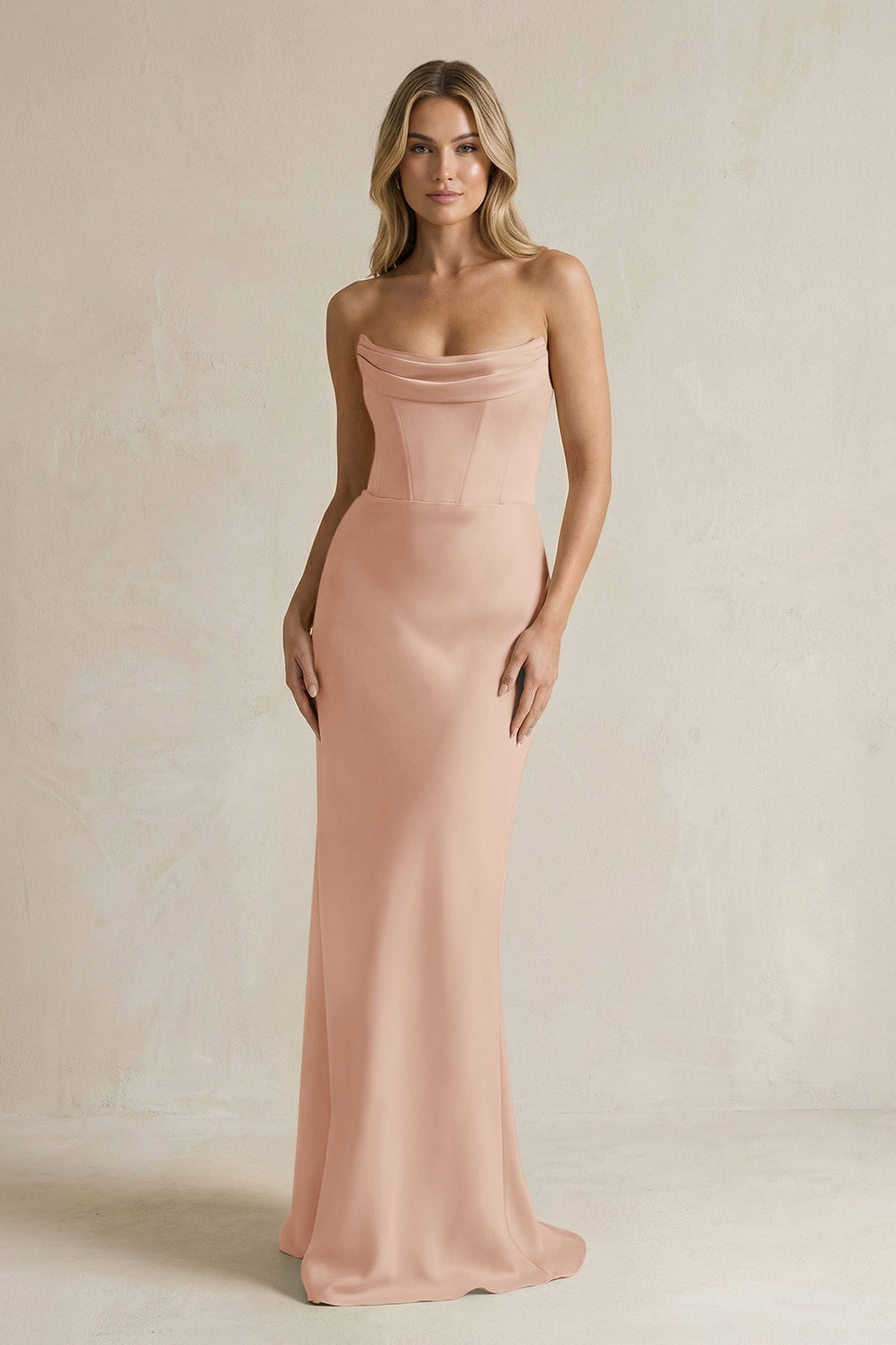 Cowl Neck Sheath Corset Bridesmaid Dress in Champagne Rose