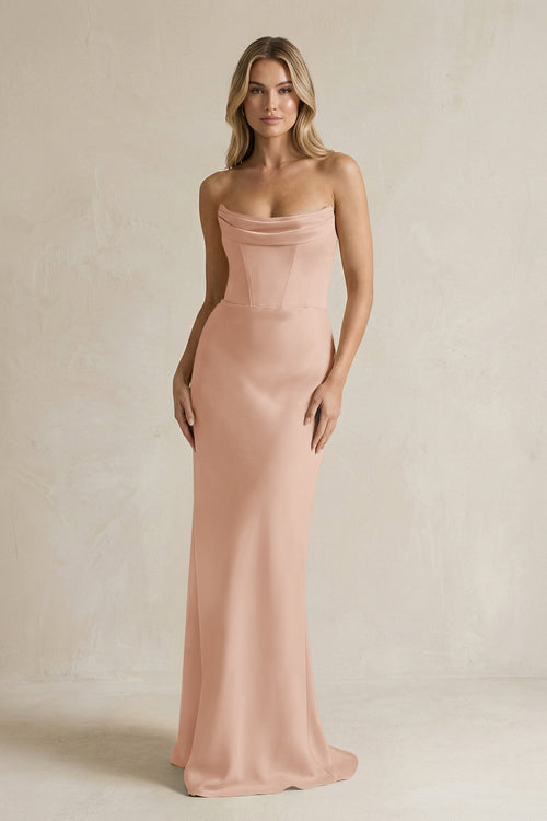 Cowl Neck Sheath Corset Bridesmaid Dress in Champagne Rose - KISS BRIDAL Bridesmaid Dresses