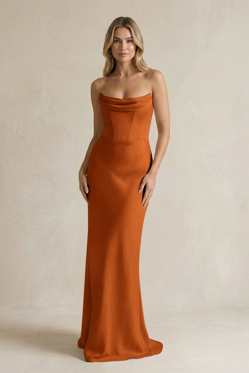 Cowl Neck Sheath Corset Bridesmaid Dress in Cinnamon - KISS BRIDAL Bridesmaid Dresses