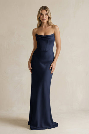 Cowl Neck Sheath Corset Bridesmaid Dress in Dark Navy - KISS BRIDAL Bridesmaid Dresses