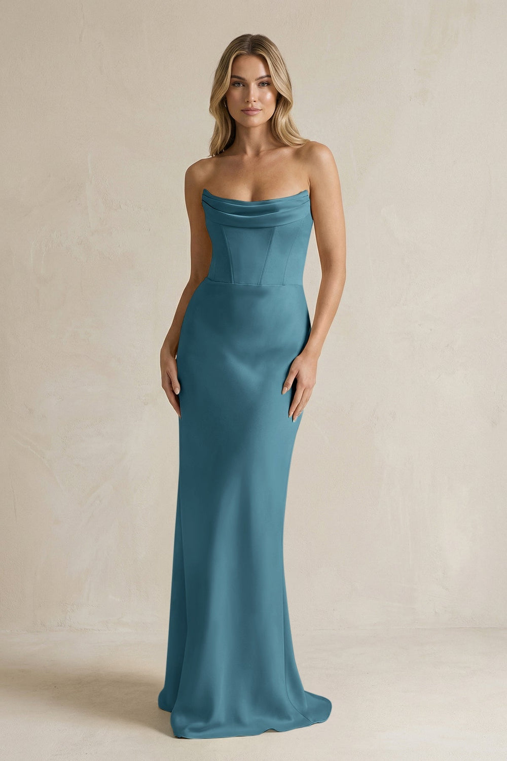 Cowl Neck Sheath Corset Bridesmaid Dress in Dark Teal