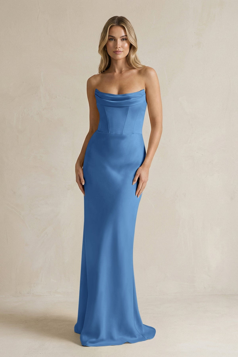 Cowl Neck Sheath Corset Bridesmaid Dress in Dusty Blue