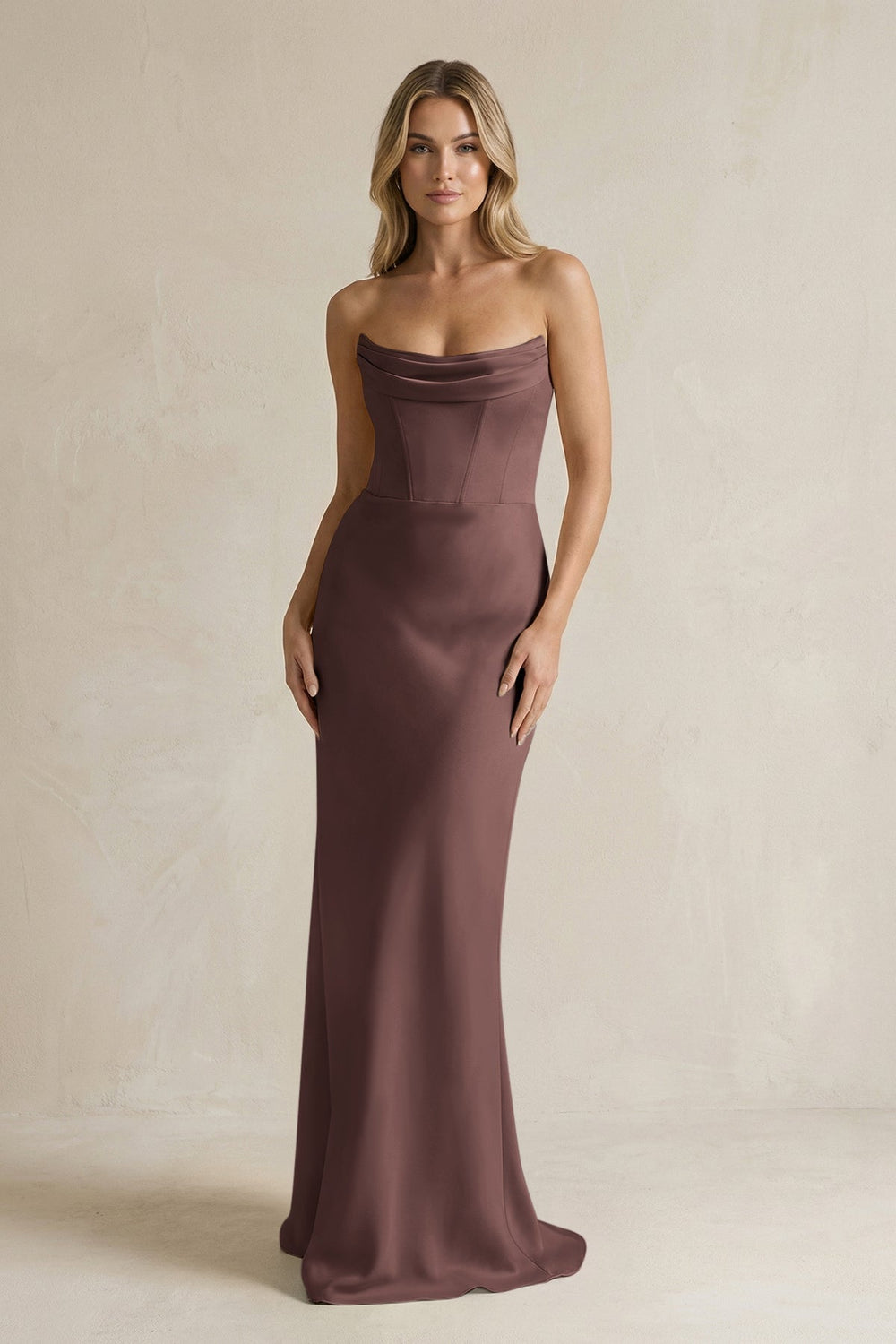 Cowl Neck Sheath Corset Bridesmaid Dress in Espresso