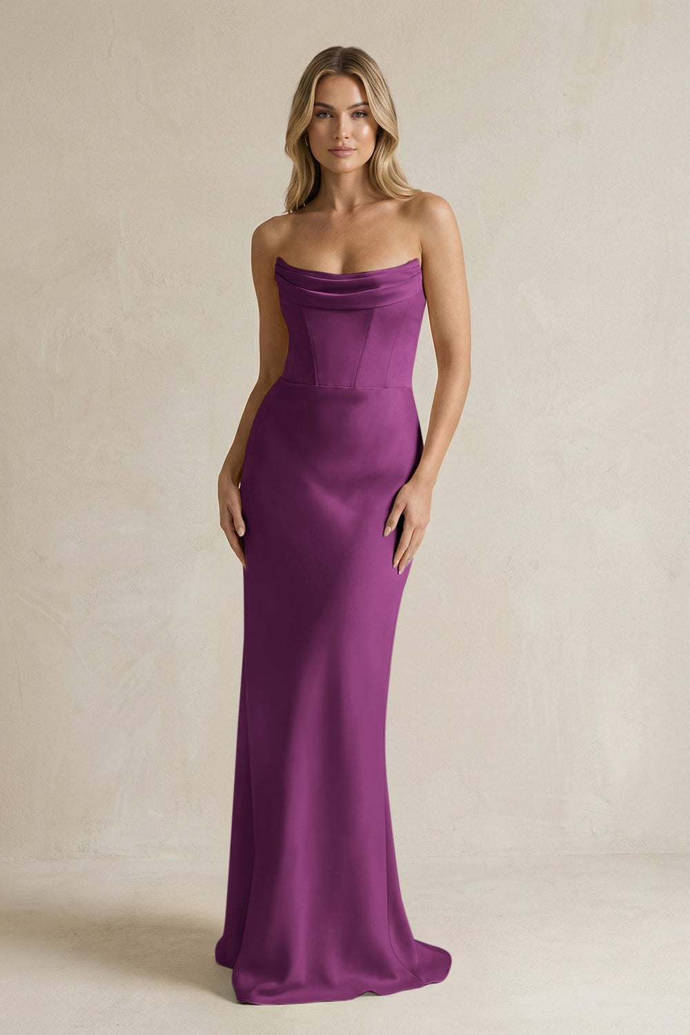 Cowl Neck Sheath Corset Bridesmaid Dress in Fig