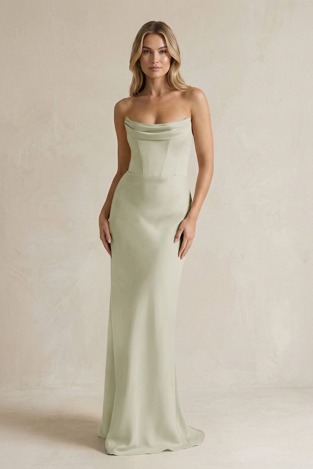 Cowl Neck Sheath Corset Bridesmaid Dress in Frost