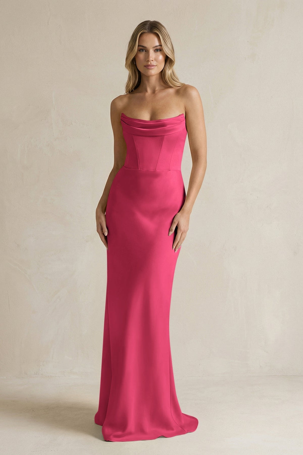 Cowl Neck Sheath Corset Bridesmaid Dress in Fuchsia