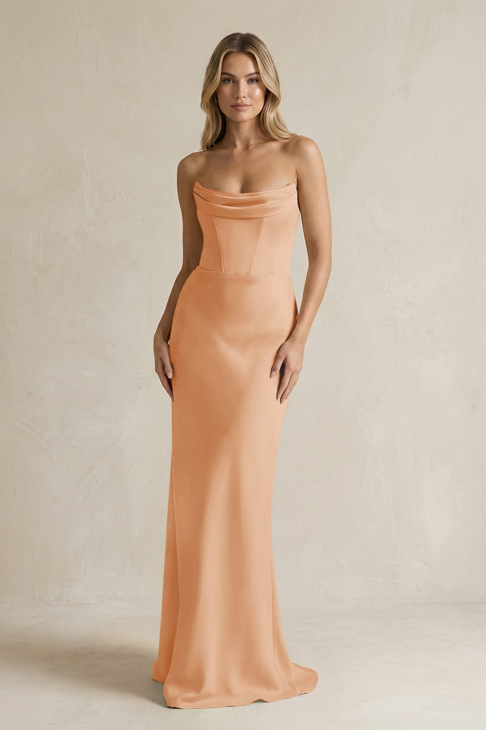 Cowl Neck Sheath Corset Bridesmaid Dress in Golden Champagne