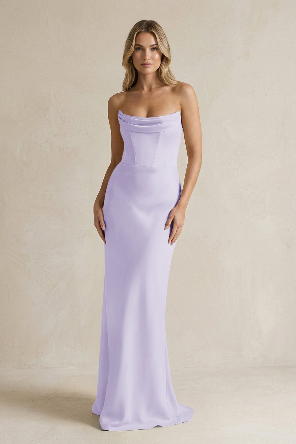 Cowl Neck Sheath Corset Bridesmaid Dress in Lavender