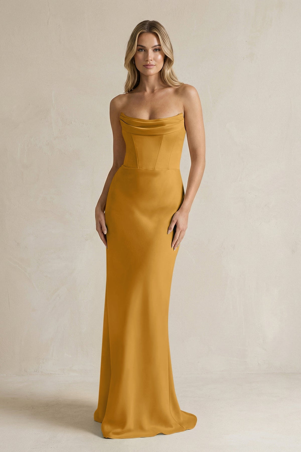 Cowl Neck Sheath Corset Bridesmaid Dress in Marigold