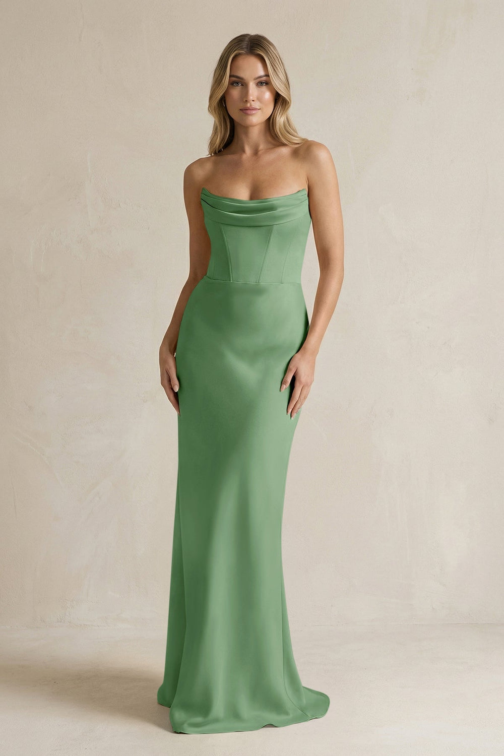 Cowl Neck Sheath Corset Bridesmaid Dress in Matcha