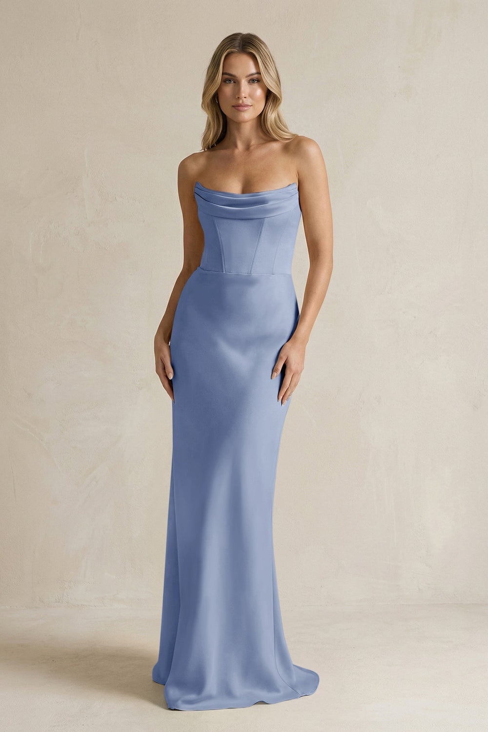 Cowl Neck Sheath Corset Bridesmaid Dress in Mist