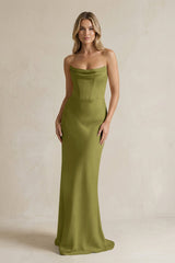Cowl Neck Sheath Corset Bridesmaid Dress in Moss Green - KISS BRIDAL Bridesmaid Dresses