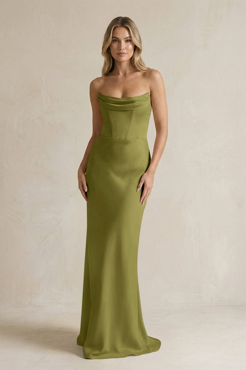 Cowl Neck Sheath Corset Bridesmaid Dress in Moss Green - KISS BRIDAL Bridesmaid Dresses