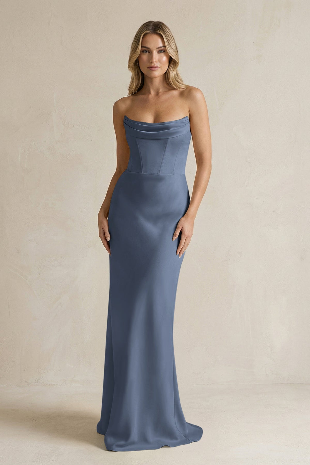 Cowl Neck Sheath Corset Bridesmaid Dress in Neptune