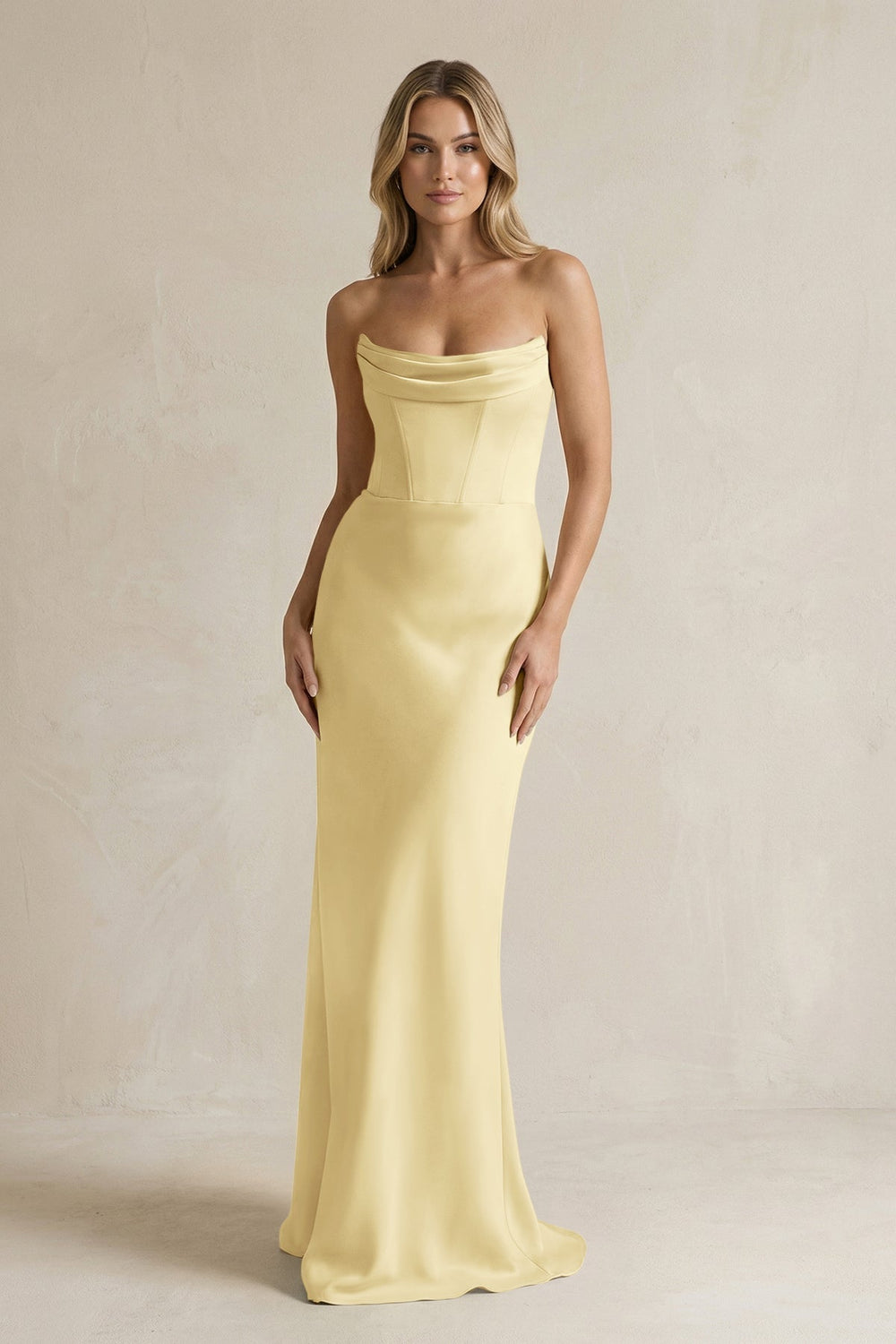 Cowl Neck Sheath Corset Bridesmaid Dress in Pastel Yellow