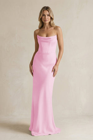 Cowl Neck Sheath Corset Bridesmaid Dress in Pink - KISS BRIDAL Bridesmaid Dresses