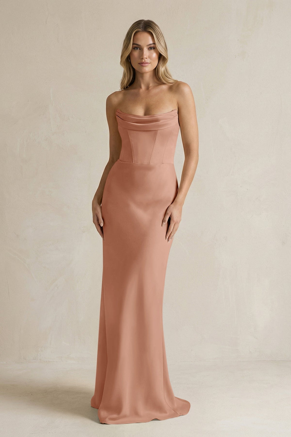 Cowl Neck Sheath Corset Bridesmaid Dress in Rosette