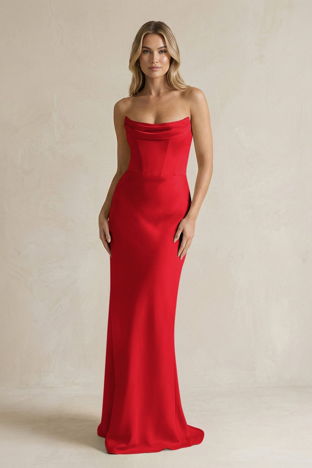 Cowl Neck Sheath Corset Bridesmaid Dress in Ruby Red