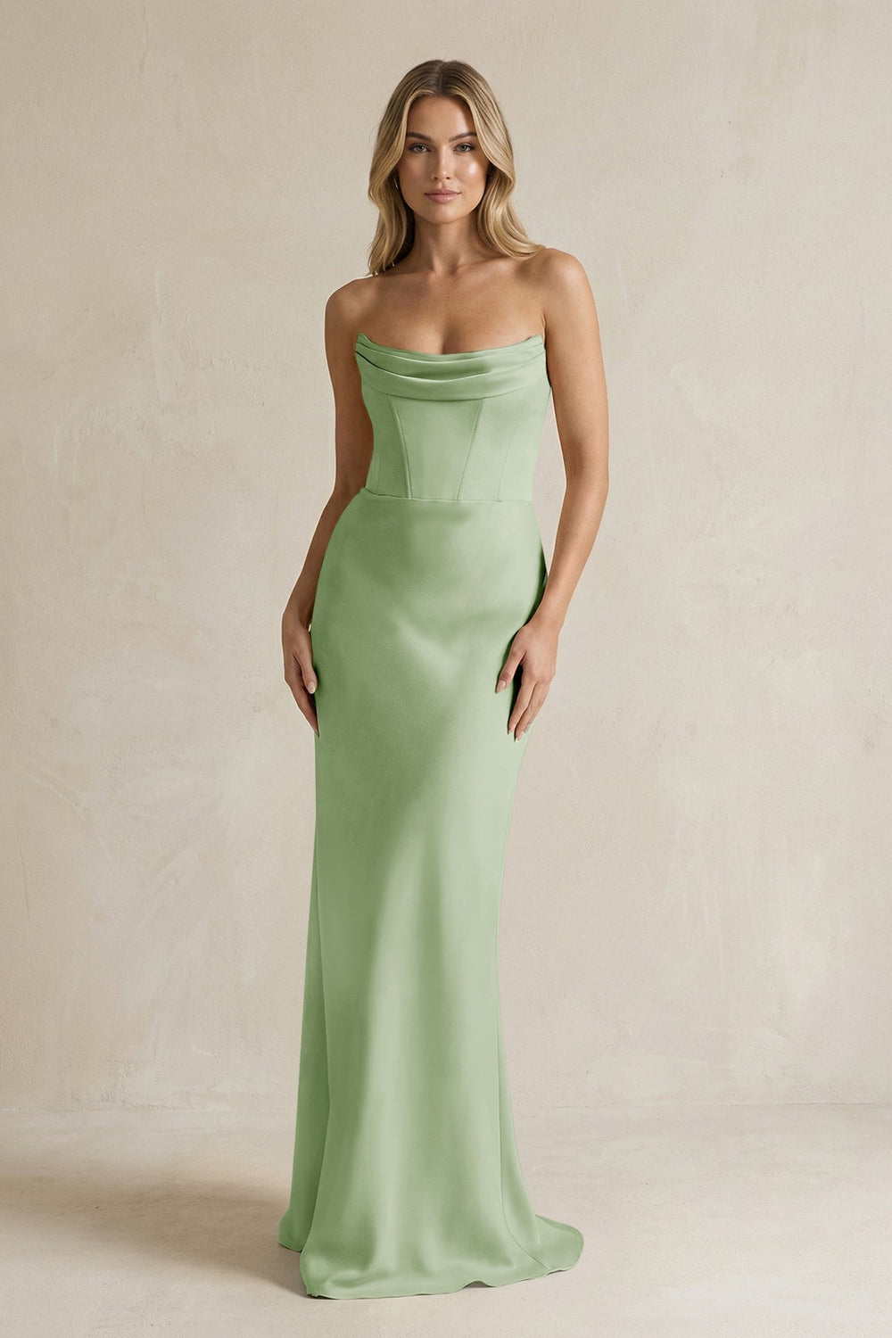 Cowl Neck Sheath Corset Bridesmaid Dress in Sage