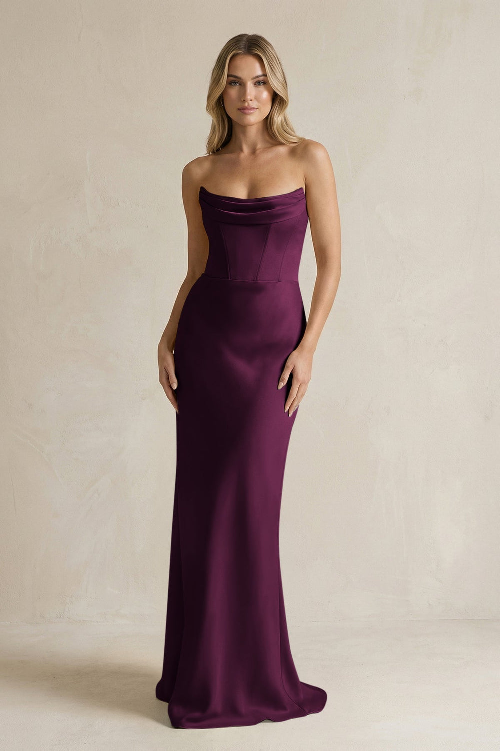 Cowl Neck Sheath Corset Bridesmaid Dress in Sangria