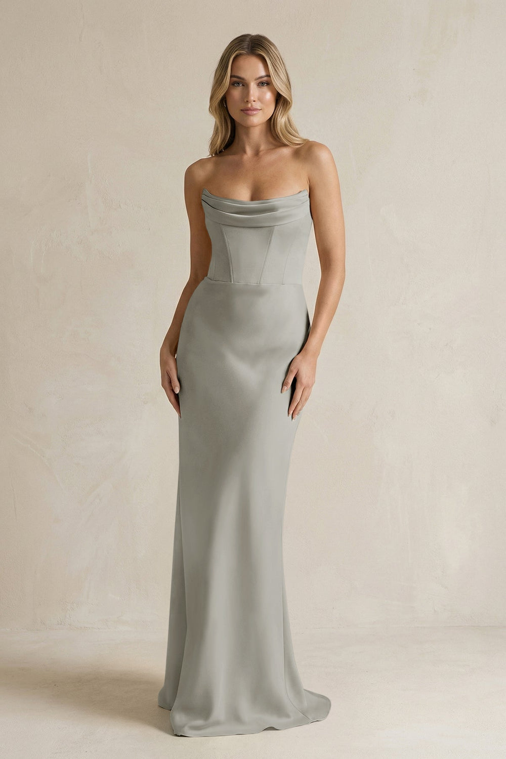 Cowl Neck Sheath Corset Bridesmaid Dress in Silver