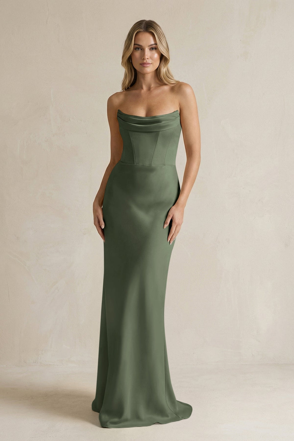 Cowl Neck Sheath Corset Bridesmaid Dress in Thyme