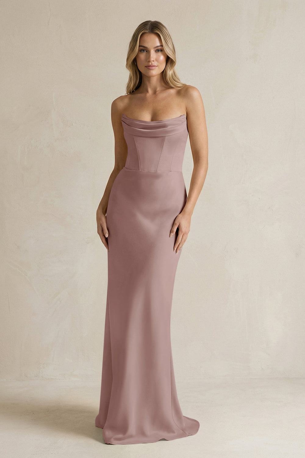 Cowl Neck Sheath Corset Bridesmaid Dress in Toffee
