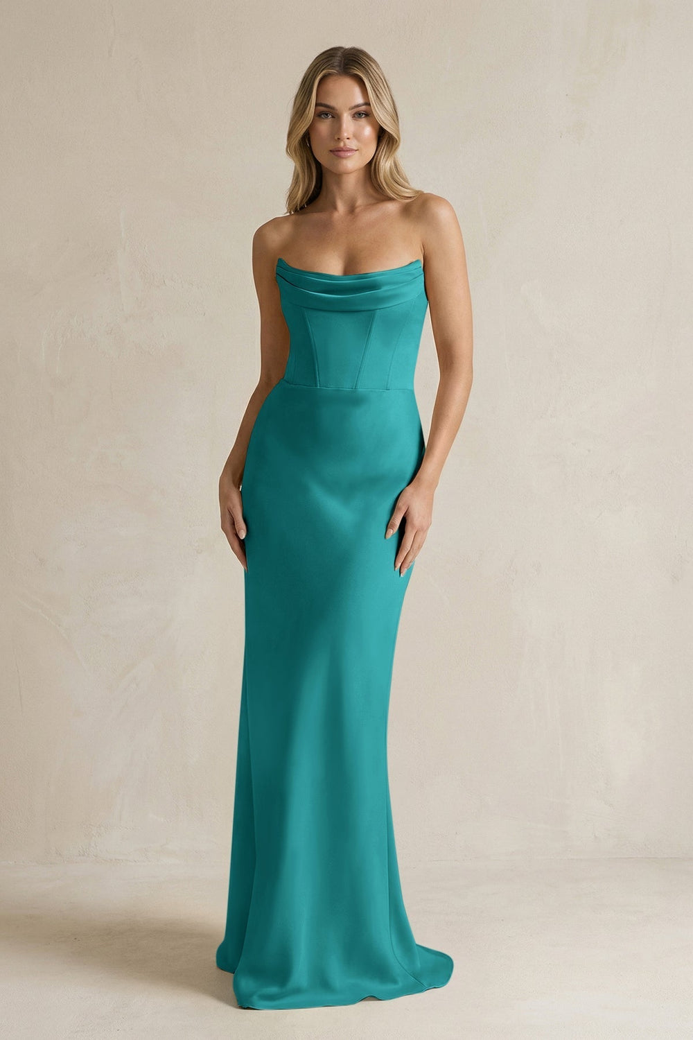 Cowl Neck Sheath Corset Bridesmaid Dress in Turquoise