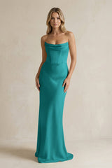 Cowl Neck Sheath Corset Bridesmaid Dress in Turquoise - KISS BRIDAL Bridesmaid Dresses