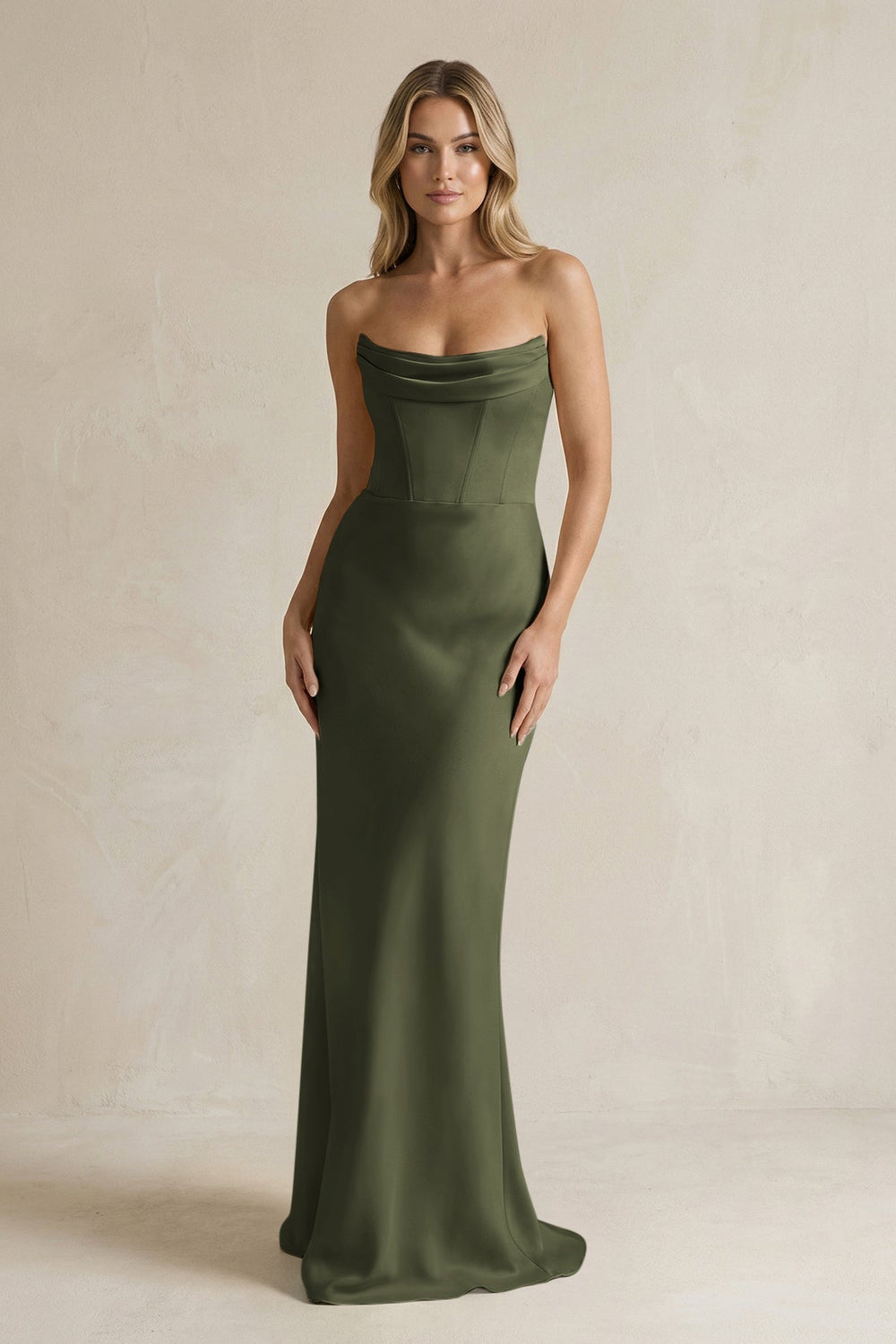 Cowl Neck Sheath Corset Bridesmaid Dress in Willow Green