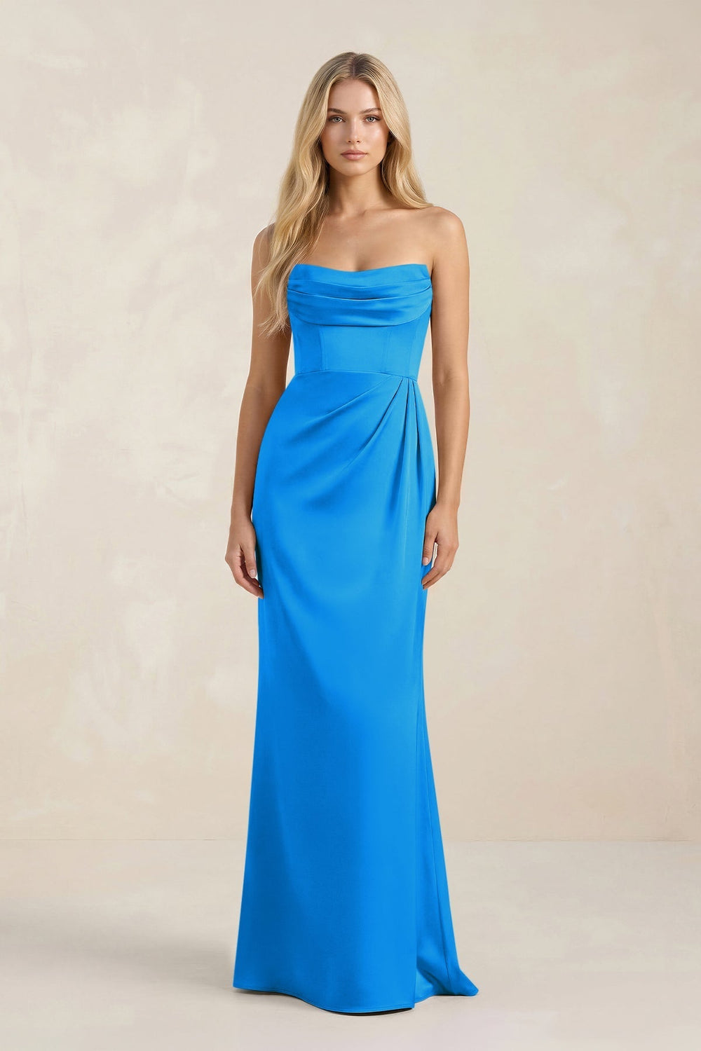 Cowl Neck Sheath Satin Bridesmaid Dress With Detachable Sleeves in Blue Jay