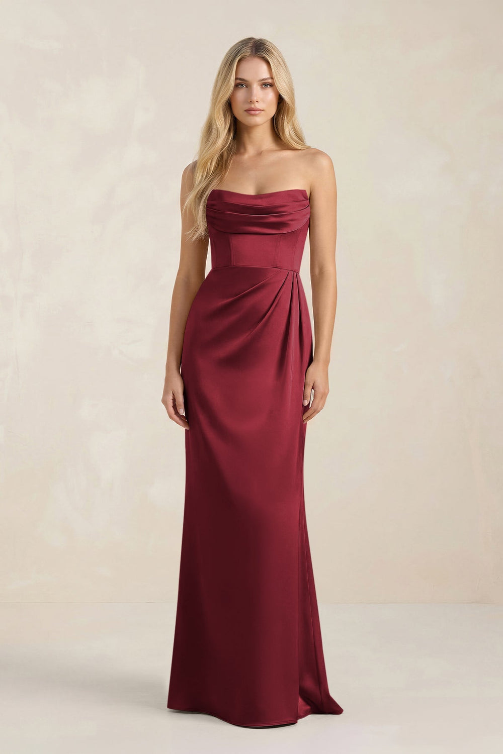 Cowl Neck Sheath Satin Bridesmaid Dress With Detachable Sleeves in Burgundy