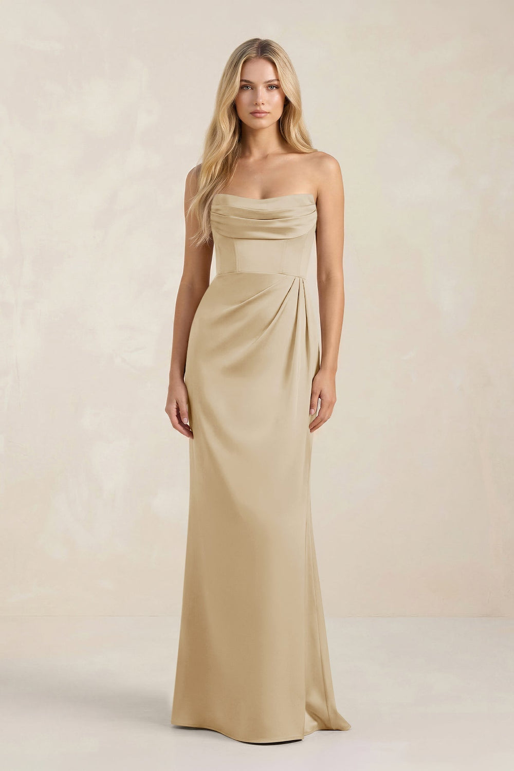 Cowl Neck Sheath Satin Bridesmaid Dress With Detachable Sleeves in Champagne
