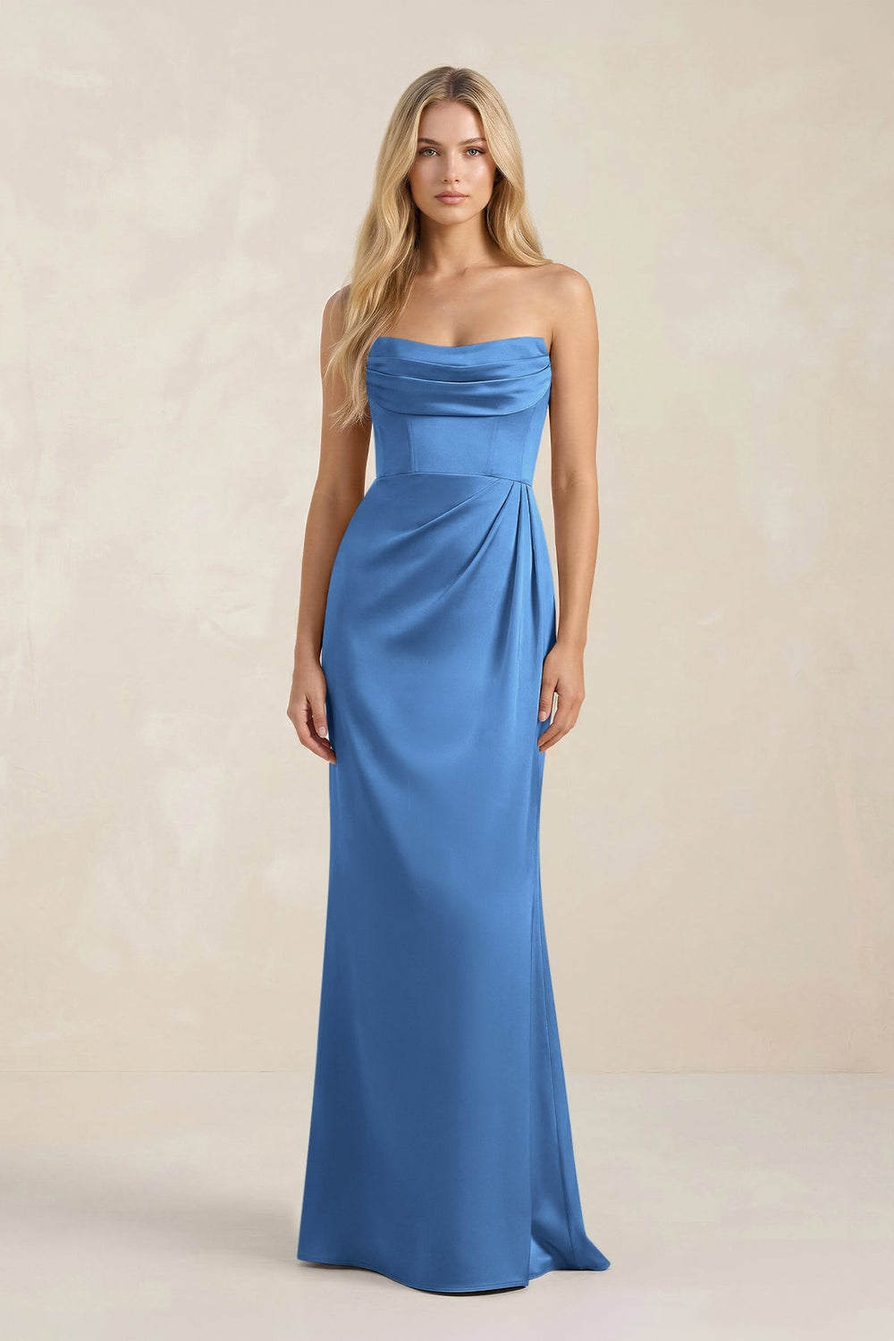 Cowl Neck Sheath Satin Bridesmaid Dress With Detachable Sleeves in Dusty Blue