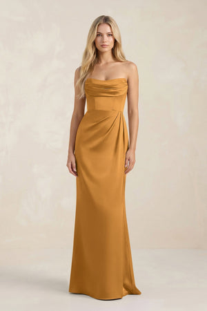 Cowl Neck Sheath Satin Bridesmaid Dress With Detachable Sleeves in Marigold - KISS BRIDAL Bridesmaid Dresses